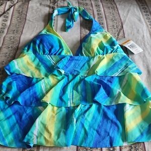 Kim Rogers Blue and Yellow Striped Swim Top